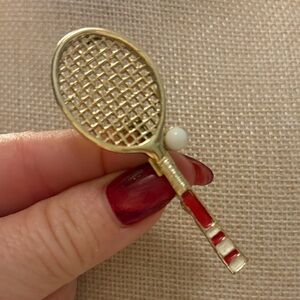 Fun Vintage   Gold & Red Tennis Racket Brooch with Pearl Detail